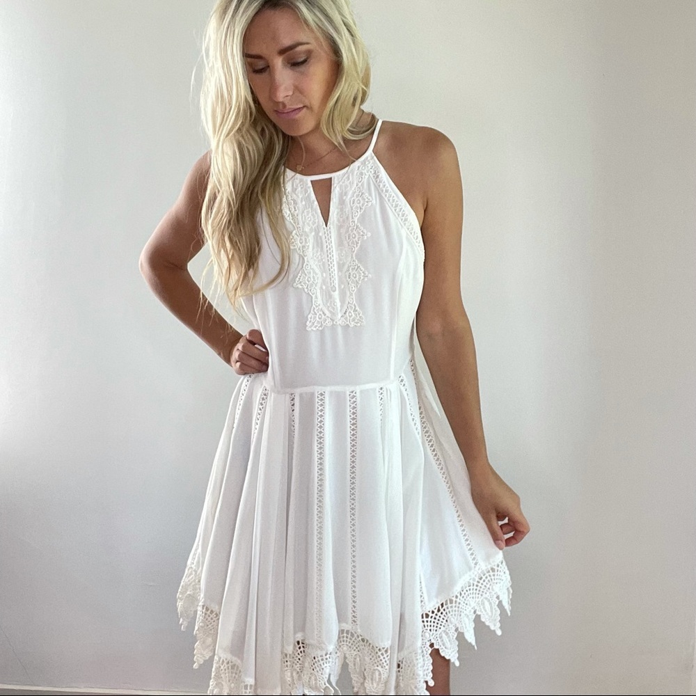 Greylin White Asymmetrical Lace Trim Dress Large - Picture 3 of 15
